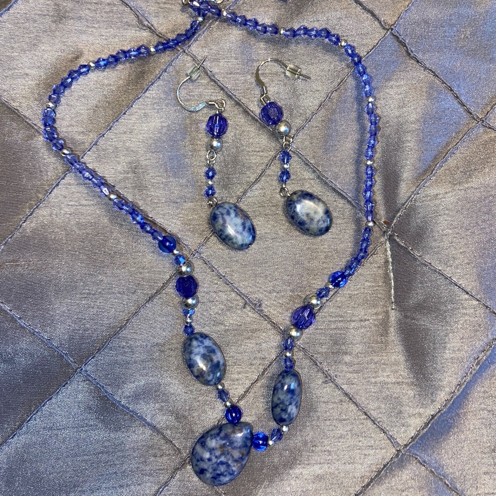 Blue and silver necklace and earrings set